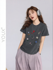 YOUXIANG | Áo Thun Nữ “Zero Wild Rose” Form Vai Chuẩn Phong Cách Tối Giản Dễ Phối