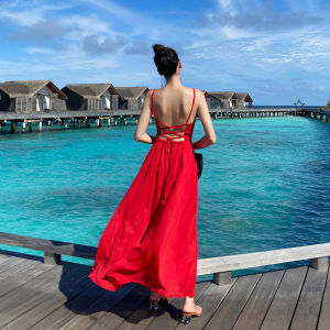 Ultra-Fairy Backless Beach Dress Red Chiffon Long Gown with Strap Holiday Style High Waist A-Line Skirt V-Neck Sleeveless