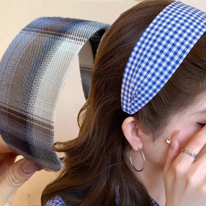 Spring Summer Checkered Fabric Headband For Women Academic Vintage Wide Hair Hoop Non-Slip Toothed Hair Band