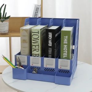 Office Supplies File Rack with Pen Holder Quadruple Plastic Bookshelf Desktop Data Organizer File Frame Storage Rack A4