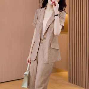 MAIMEI | High-End Ice Silk Cotton Linen Professional Suit Two-Piece Set Womens Summer Fashionable Stylish New Arrival Button Closure