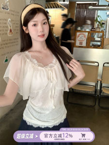 Chic Lace Patchwork Flying Sleeves Bow Tie Slim Women T-shirt