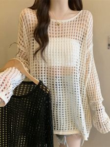 Plus Size Womens Clothing Cut Out Long Sleeves Sun Protection Sweater Thin Blouse Air Conditioning Shirt Plus Size Ladies Loose Slim Fit Versatile Top