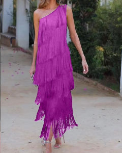 GY25041 Fashionable Tassel Oblique Shoulder Asymmetric Dress