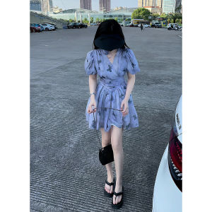 Summer New Fashion Womens V-neck Butterfly Print Short Sleeve Dress A-line Mini Skirt Slimming Waist Design Cotton Material