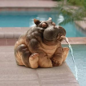 New Resin Garden Fountains Hanna The Hippo African Decor Piped Pond Spitter Statue Water Feature 10 Inch Polyresin Full Color