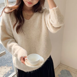 COD Hand-sewn love brushed V-neck alpaca wool sweater womens 2025 autumn and winter new relaxed lazy knitted sweater topGFDAGDA
