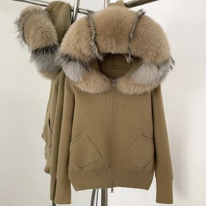Knitwear Women Cardigan Fashion Autumn Winter Clothes Female Hooded Real Fox Fur Collar Short Knitted Jacket Natural Fur Coat