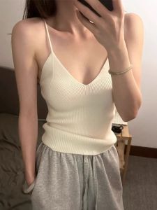 Áo Ba Lỗ Không Tay Cổ Chữ V Dệt Kim Màu Trắng Cho Nữ Áo Lót Gợi Cảm Áo Khoác Ngoài Mùa Hè Áo Ngắn Áo Liền Quần