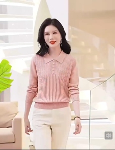 AN-41015 Soft Wool Knitted Blouse Tops For Women Long Sleeve Plain V-Neck Lapel Vintage Casual Blouse Tops Formal Mother