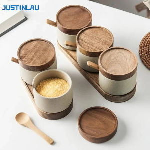 JUSTINLAU Seasoning Jars Japanese Style Clay Spice Container with Bamboo Lid&Spoon Oil Jar Salt Sugar Bottle Kitchen Utensils