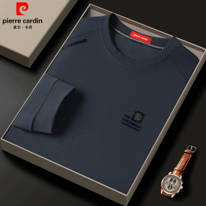 เสื้อยืดแขนยาวผ้าไหมสำหรับผู้ชาย Pierre Cardin ฤดูใบไม้ร่วง 2024 ทรงหลวม ปกกลม คอกลม ลำลอง ระบายอากาศได้ดี ทรงพอดีตัว