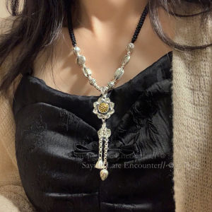 Black Woven Rope Lotus Pendant Tassel Necklace for Women New Chinese Style Retro Sweater Chain Fashionable Ethnic Wind Jewelry