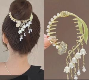 Heabety 🔥🔥🔥Hot Sale กิ๊บหนีบผมสุดหรูกิ๊บหนีบผมหางม้าหัวเข็มขัดทรงหางม้าไข่มุกพลอยเทียมมีพู่กิ๊บหนีบผม