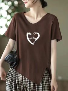 Pure Cotton Summer New Arrival Asymmetrical Short Sleeve T-Shirt Womens Loose Easiest for Match Plus Size Fat Sister K-style T-shirt Tops
