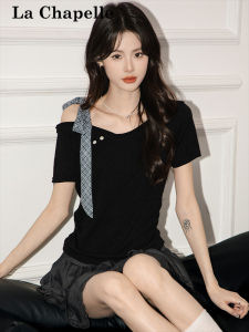 La Chapelle | Korean Style Plaid Bow-Tie Off-Shoulder T-Shirt