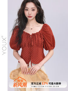 เสื้อเชิ้ตแขนพองลายจุดสไตล์ย้อนยุคสำหรับผู้หญิง ฤดูร้อน 2025 ดีไซน์ใหม่ ดีไซน์ผูกเชือก เสื้อคอตตอน แขนสั้น ปกกลม