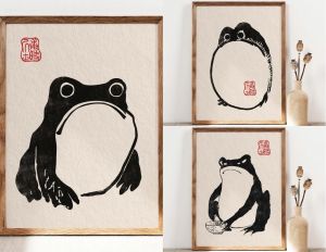Vintage Animal Wall Art Japanese Black and White Print Pictures Home Decor Gifts Matsumoto Hoji Funny Frog Canvas Painting