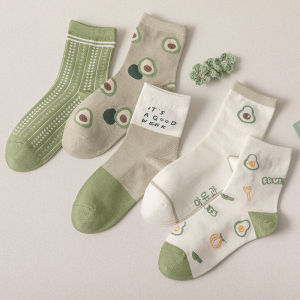 Green Avocado Pattern Mid-Calf Socks for Women Four Seasons Cotton Socks Cute Cartoon Design High Quality Trendy Socks