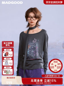 เสื้อยืดคอวีแขนยาวผ้าคอตตอน Madgood Streetwear ทรงหลวม ดีไซน์ Graffiti สไตล์ลำลองสำหรับฤดูใบไม้ร่วง