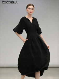 COCOBELLA | Elegant Minimalist Black Waist-Cinching Long Dress Short Sleeve