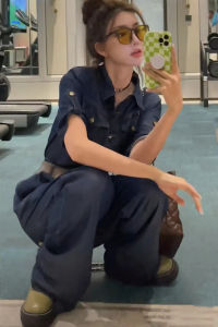 Hong Kong European Style Short Sleeve Denim Jumpsuit Womens Spring Summer Loose High Waist Slim Straight Casual Wide Leg Long Pants