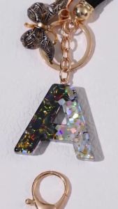 Men and Women Resin Letter Keychain with Black Butterfly and Tassel Charm Sequin Monogram Hanging- Personalized Anniversary Gift