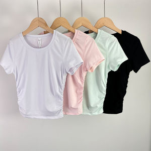 Womens Yoga Fitness Short Sleeve T-Shirt Cotton Breathable Moisture Wicking Running Sportswear Slimming Waist Casual Top