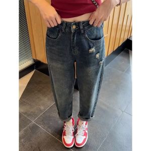 กางเกงยีนส์ทรงสลิมฟิตสไตล์ฮาเร็มสำหรับผู้หญิงไซส์ใหญ่ กางเกงขายาวทรงหลวมสำหรับผู้อ้วน กางเกงขายาวทรงขากระบอกทรงสลิมฟิต