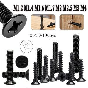 25/50/100pcs M1.2 M1.4 M1.6 M1.7 M2 M2.5 M3 M4 Mini Small Black Carbon Steel Cross Phillips Flat Head Countersunk Head Screw