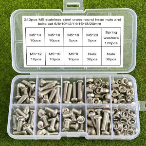 240-Piece Set of M5 Stainless Steel Phillips Head Bolts and Nuts (8/10/12/14/16/18/20mm) for Home Repairs and DIY.
