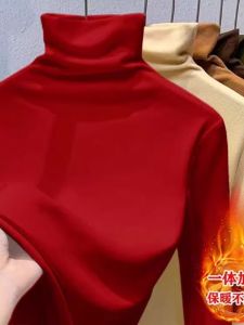 Thickened Double-sided Woolen High Collar Fleece Lined Integrated Velvet Base Shirt Womens Red Winter Warm Top Autumn Winter Christmas