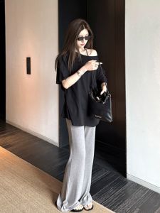 VKSOD | Elegant Design Black Off-Shoulder Short-Sleeve Womens T-Shirt Two-Piece Set Summer High-Waist Loose Wide-Leg Pants