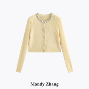 French Style Beaded Camelhair Knit Cardigan Short