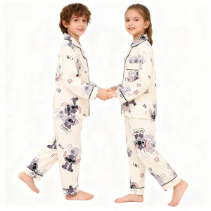 2pcs Stitch Print Kids Pajama Set for Boys and Girls Long Sleeve Top & Pants Set Stitch Lilo Comfy Set Button Down Loungewear