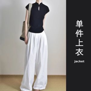 เสื้อยืดแขนสั้นไหมพรมสไตล์จีนสีดําสําหรับผู้หญิง พอดีตัว แฟชั่นฤดูร้อนสุดเท่