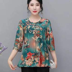 Spring Summer Loose Mommy Style Shirt Five Sleeve Loose T-Shirt Womens Top for 50 Years Old And above Floral Print Commute Simple
