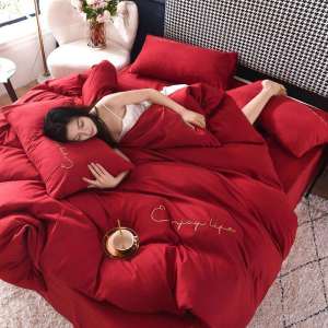 Bộ Drap Giường Cưới Đỏ Thêu Flannel