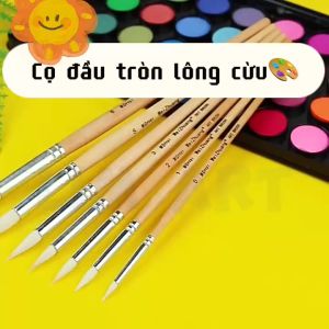 Cọ vẽ đầu tròn lông cừu cán gỗ chuyên vẽ tranh màu nước sơn dầu acrylic