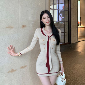 Gaun Wanita Sweater Lengan Panjang Rajutan Atasan Dengan Dasi Desain Kancing Double Breasted