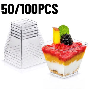 50/100PCS 2OZ Disposable Transparent Plastic Trapezoidal Dessert Cup Ice Cream Container Dessert Placement Wedding Banquets
