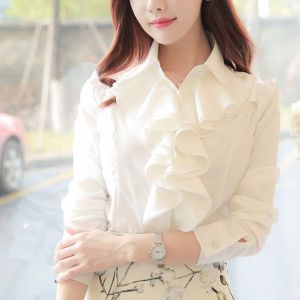 เสื้อเชิ้ตแขนยาวสไตล์เกาหลีสำหรับผู้หญิง แฟชั่นฤดูใบไม้ร่วง 2025 แขนยาว ขอบลูกไม้ ทำงาน ลำลอง เสื้อเชิ้ตผู้หญิง