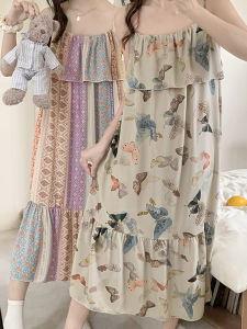 ฤดูร้อนผ้าฝ้ายผ้าไหมชุดนอนสําหรับสตรี High-End นักเรียนเสื้อผ้าสแควร์คอยาวกลางสลิงยาว