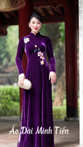 Áo Dài Chất Liệu Nhung The Cao Cấp - Hàng May Và Thêu Thủ Công Tỉ Mỉ Từng Áo - Mã D15 Màu Tím