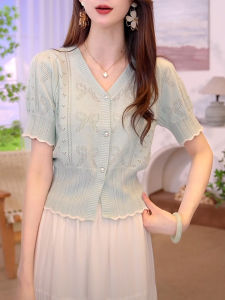 Shalldoer | Áo len cardigan hở cổ chữ V tay ngắn mỏng thoáng khí mùa hè cho nữ Áo thun ngắn đa năng phong cách Hàn Quốc màu trơn