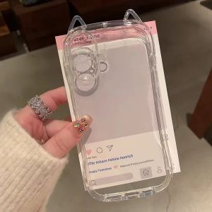 Thickened Silicone Phone Case for Apple 16 15 pro Max 14 pro Full Cover Protection Womens Style Anti-Fall Minimalist Cat Ear Design