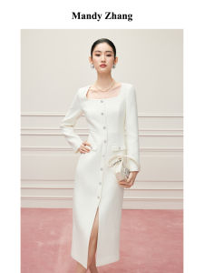 Drill Button Square Neck Waist Cinched Light Formal Dress