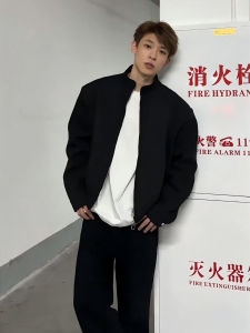 Black Stand Collar Workwear Jacket Mens Style American Pilot Coach Jacket Simple Shoulder Pad Short Length Baseball Uniform