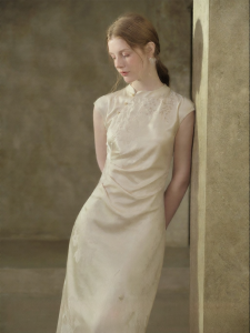JK&JS | Viscose Jacquard Mandarin Collar Button Womens Dress
