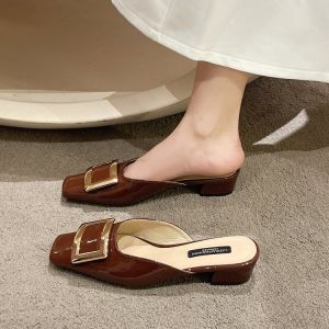 French Gentle Semi-Slipper Womens Shoes 2025 Spring Summer Thick Heel Square Head Metal Buckle Head Small Sandals